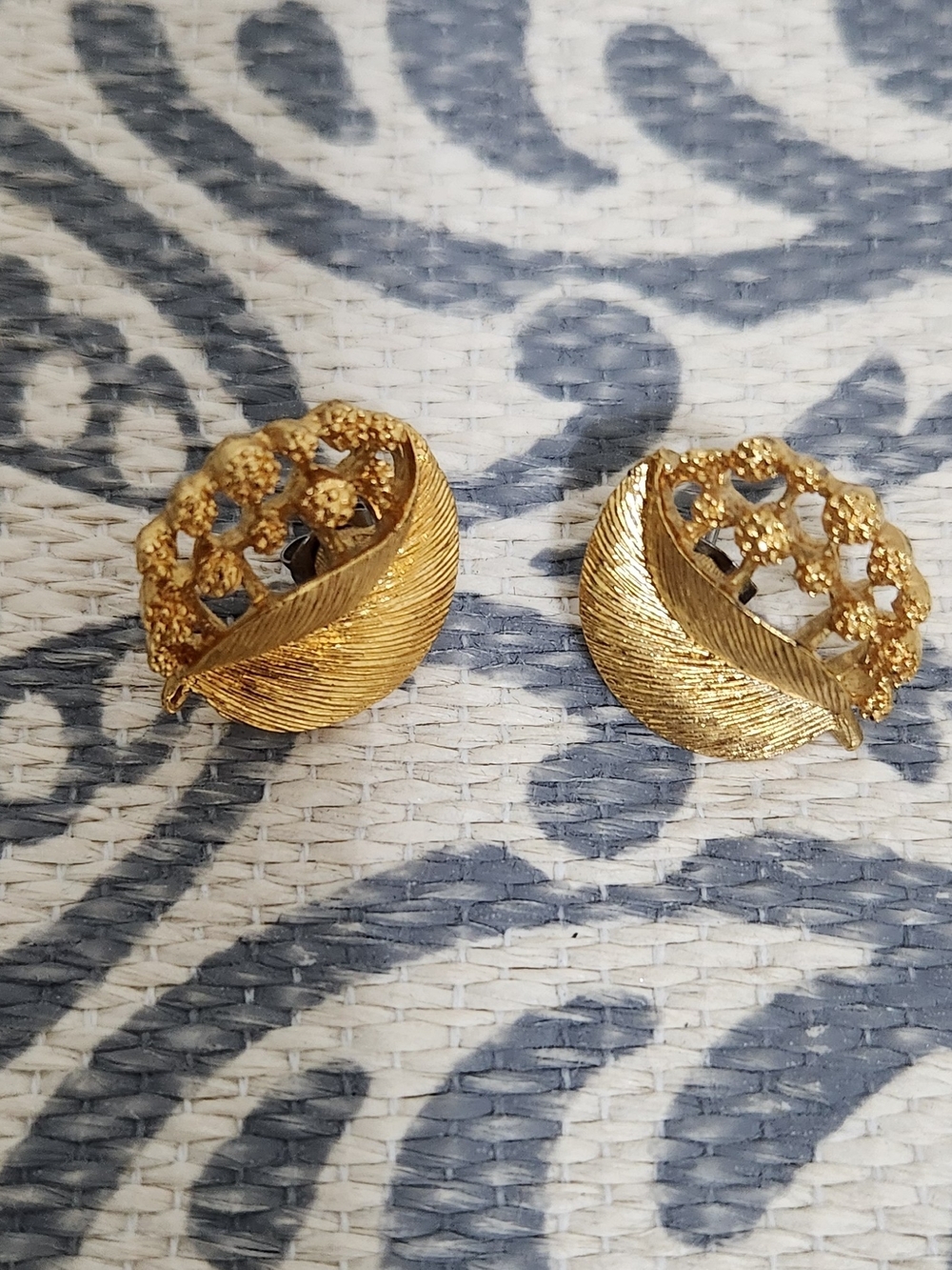 Napier Vintage Gold Leaf and Floral Pierced Earrings - Textured Gold Tone